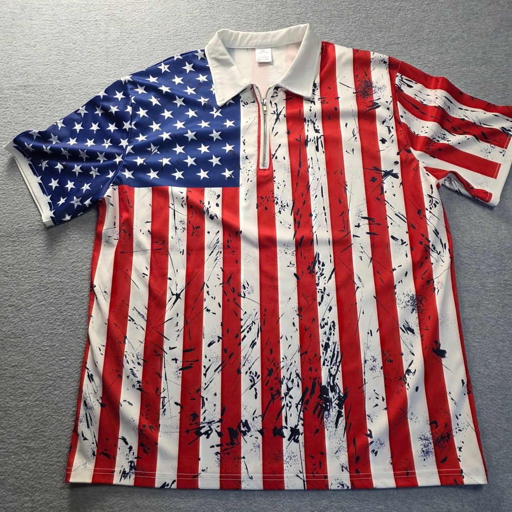 Men American Flag Quarter Zip Polo Shirt XXL USA Stars Stripes Splatter Red Blue